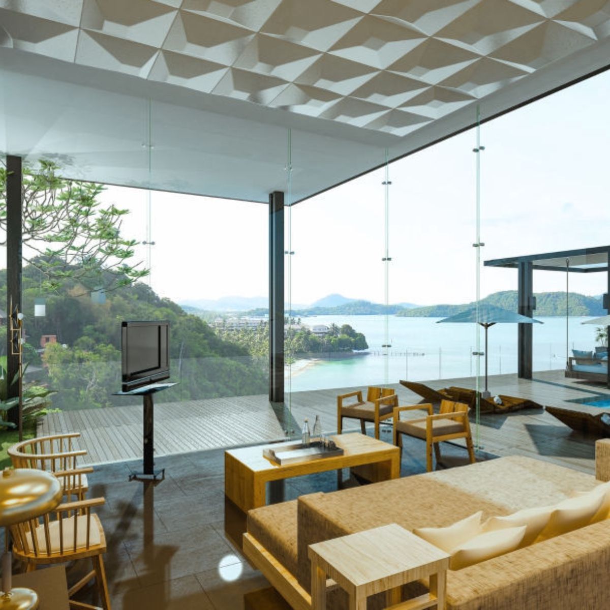 A living room with a view of the ocean and mountains